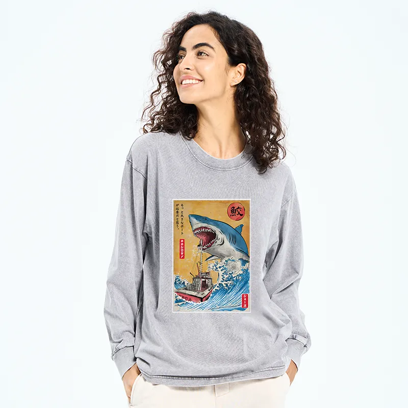 Tokyo-Tiger Ukiyoe Shark Japan Washed Long Sleeve T-Shirt