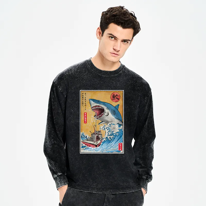 Tokyo-Tiger Ukiyoe Shark Japan Washed Long Sleeve T-Shirt