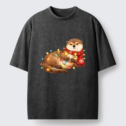 Tokyo-Tiger Cozy Otter With Christmas Lights Washed T-Shirt