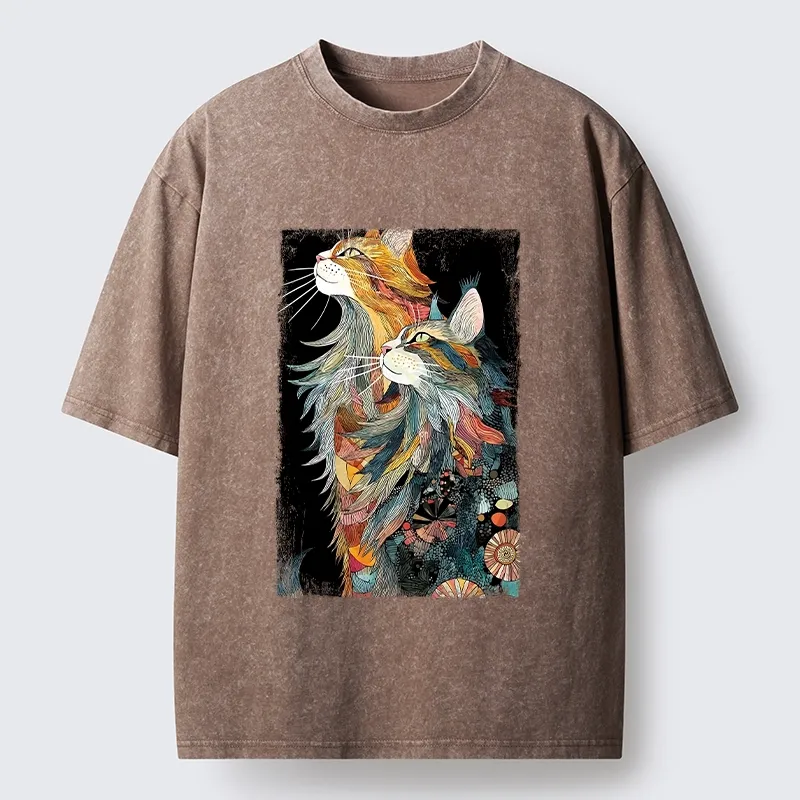 Tokyo‑Tiger Bohemian Cat Pair Washed T‑shirt