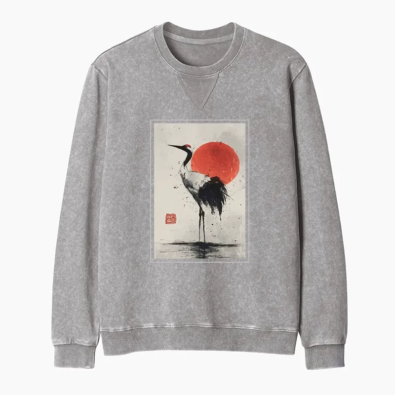 Tokyo-Tiger Retro Japanese Red-crowned Crane Washed Terry Sweatshirt
