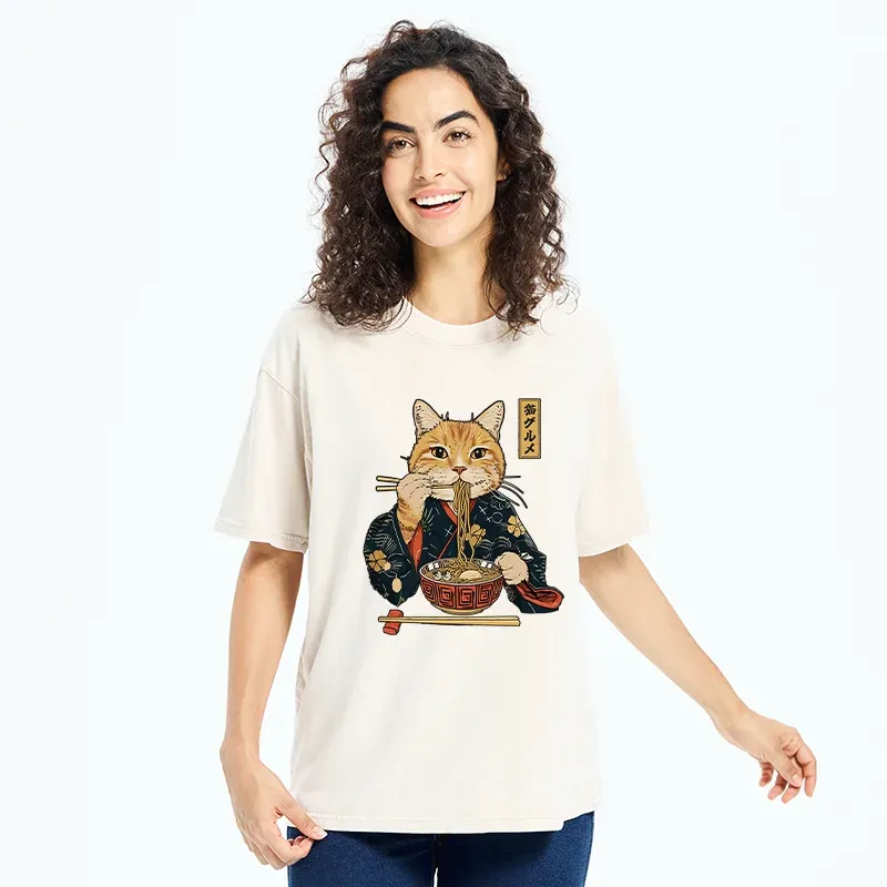 Tokyo-Tiger Elegant Cat Eating Ramen Washed T-Shirt