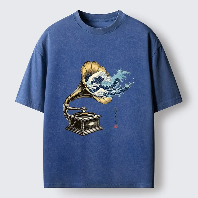 Tokyo‑Tiger Funny Wave Gramophone Washed T‑Shirt
