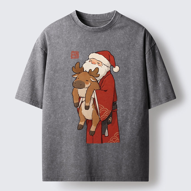Tokyo‑Tiger Kimono Santa Hug Moose Washed T‑Shirt