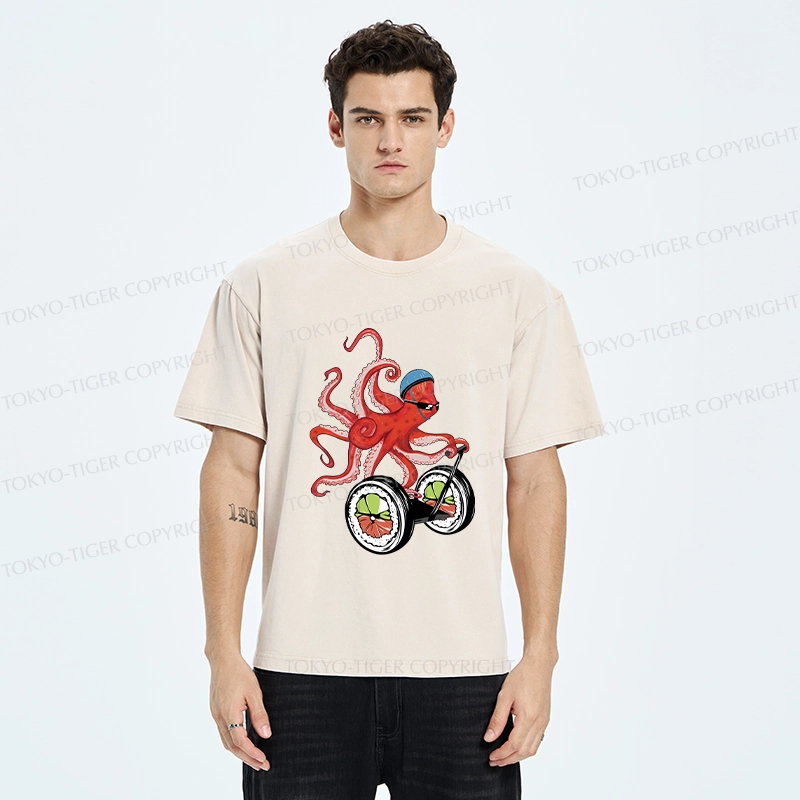 Tokyo-Tiger Octopus Riding A Sushi Cart Washed T-Shirt