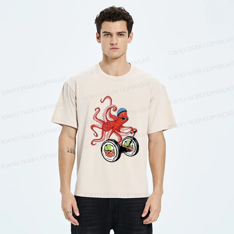 Tokyo-Tiger Octopus Riding A Sushi Cart Washed T-Shirt