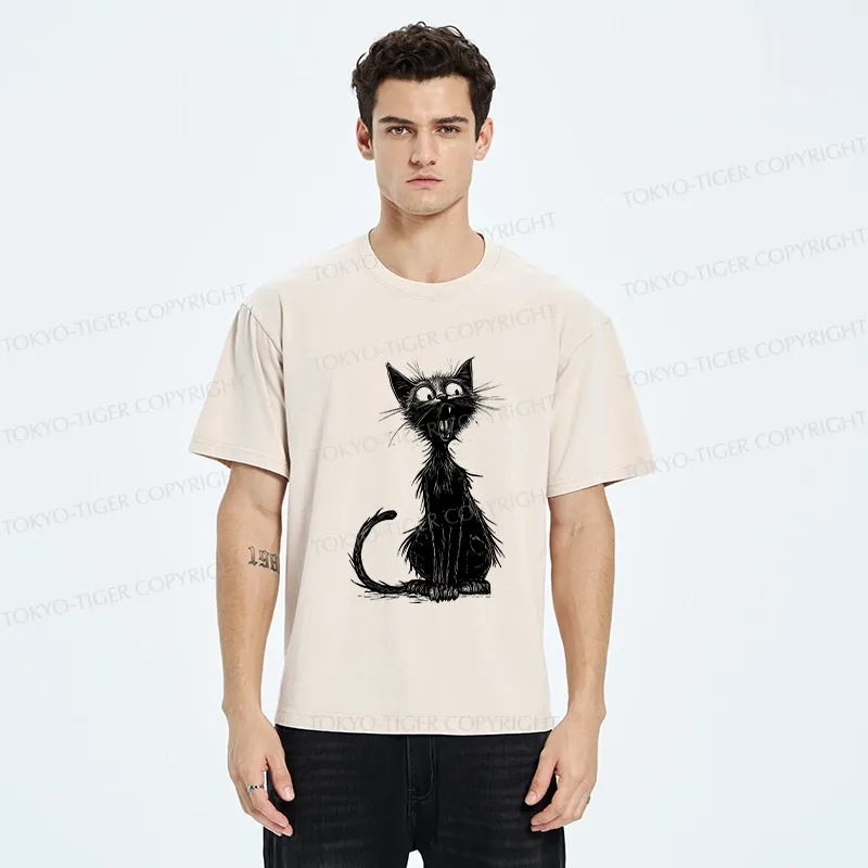 Tokyo-Tiger Surprised Black Cat Washed T-Shirt