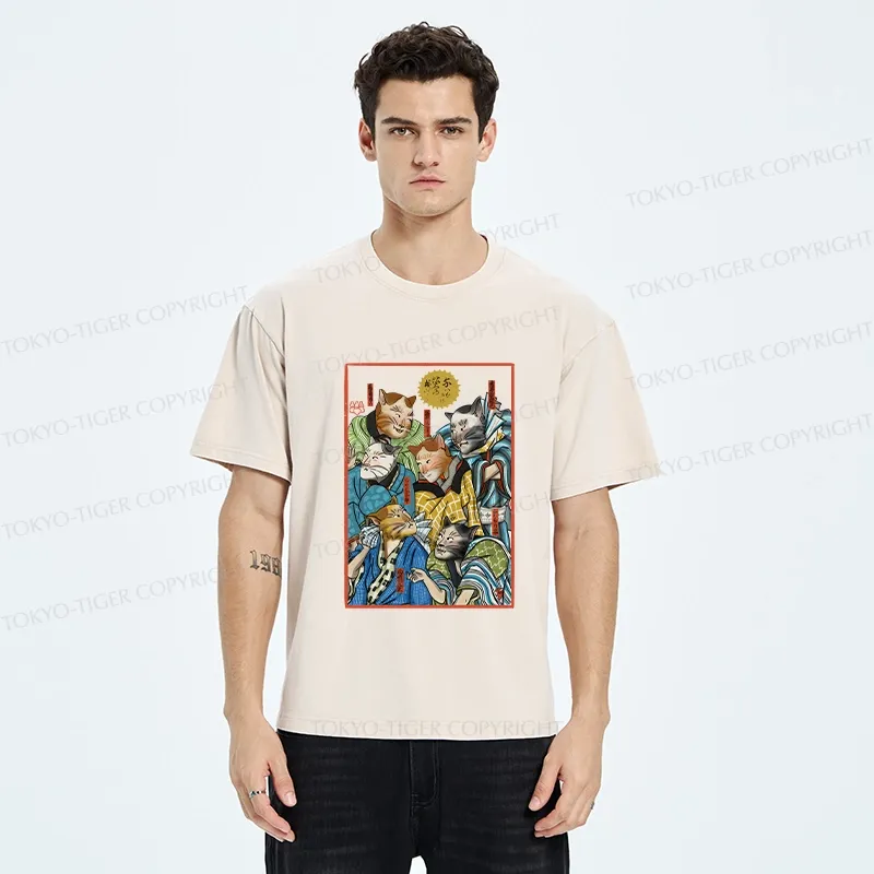 Tokyo-Tiger Japanese Ukiyo-e Cats Washed T-Shirt
