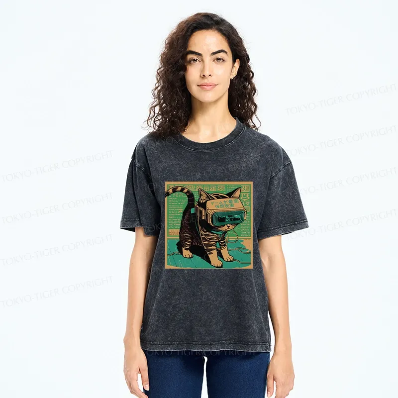 Tokyo-Tiger Cyberpunk Sci-Fi Cat Washed T-Shirt