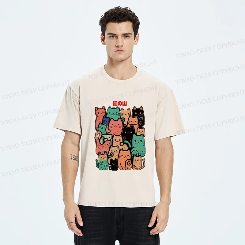 Tokyo-Tiger Funny Cat Mountain Washed T-Shirt