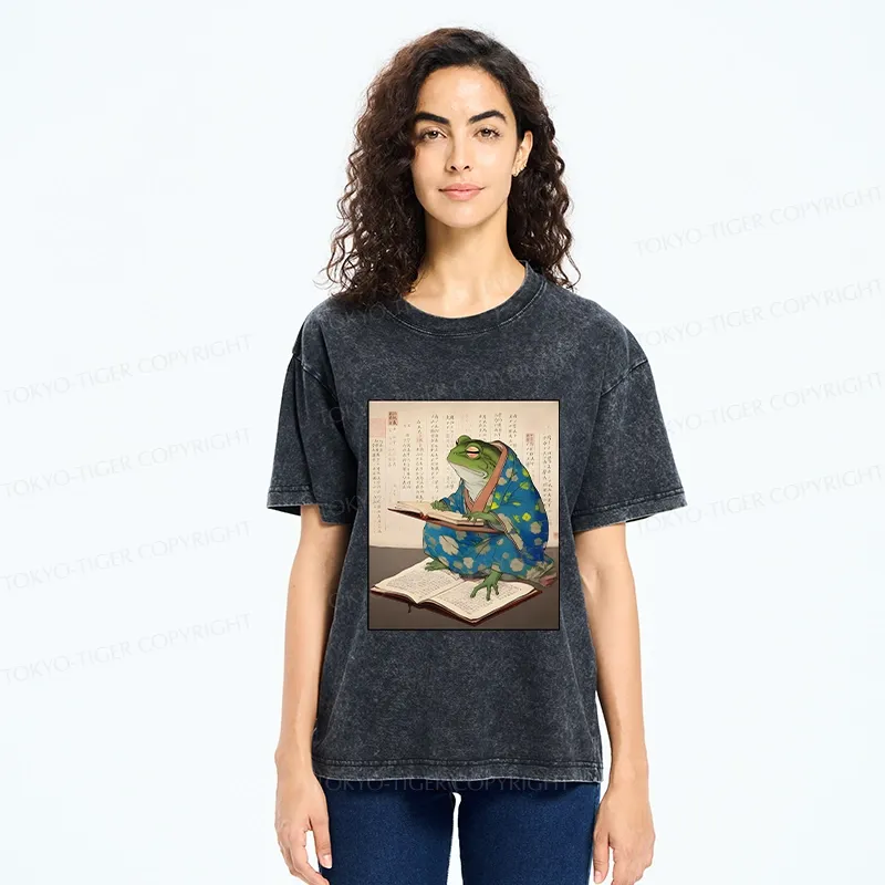 Tokyo-Tiger Frog Reading Japanese Washed T-Shirt