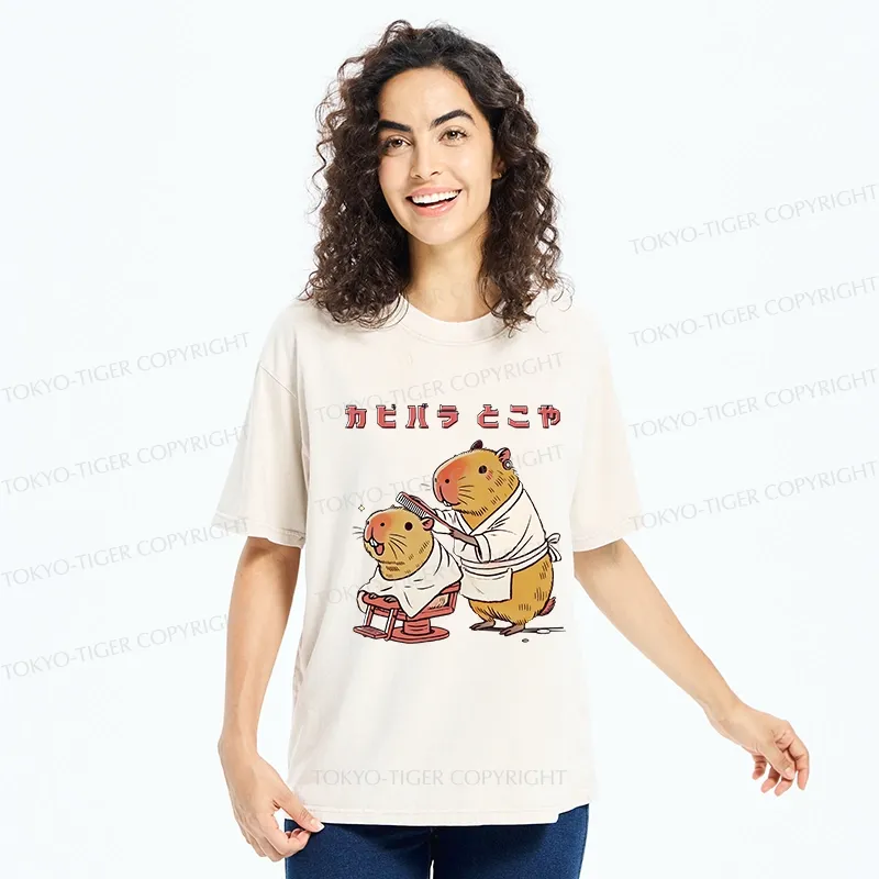 Tokyo-Tiger Funny Capybara Barber Washed T-Shirt