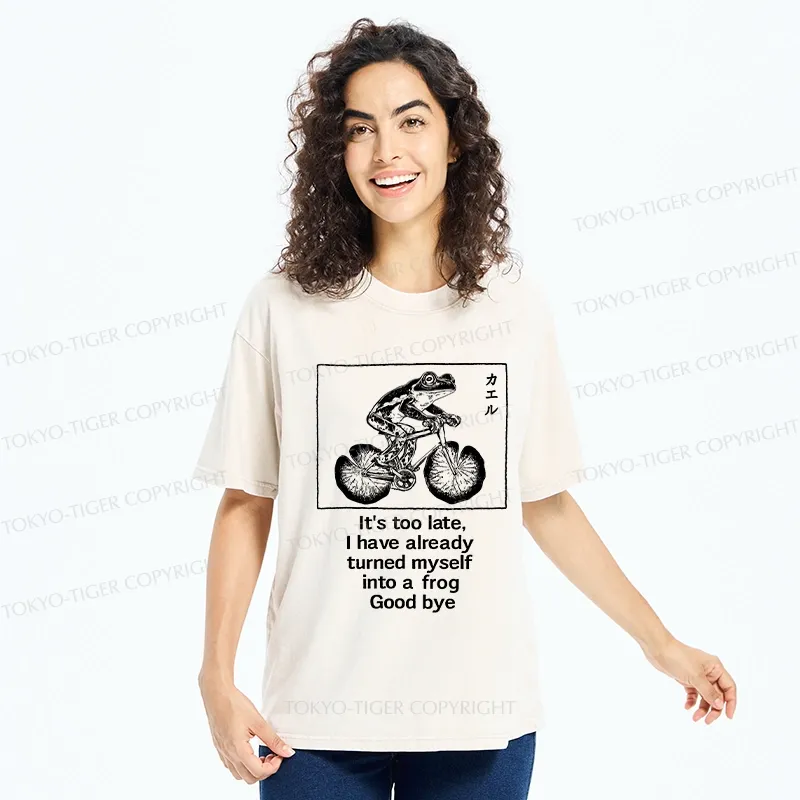 Tokyo-Tiger Funny Frog Riding A Bicycle Washed T-Shirt