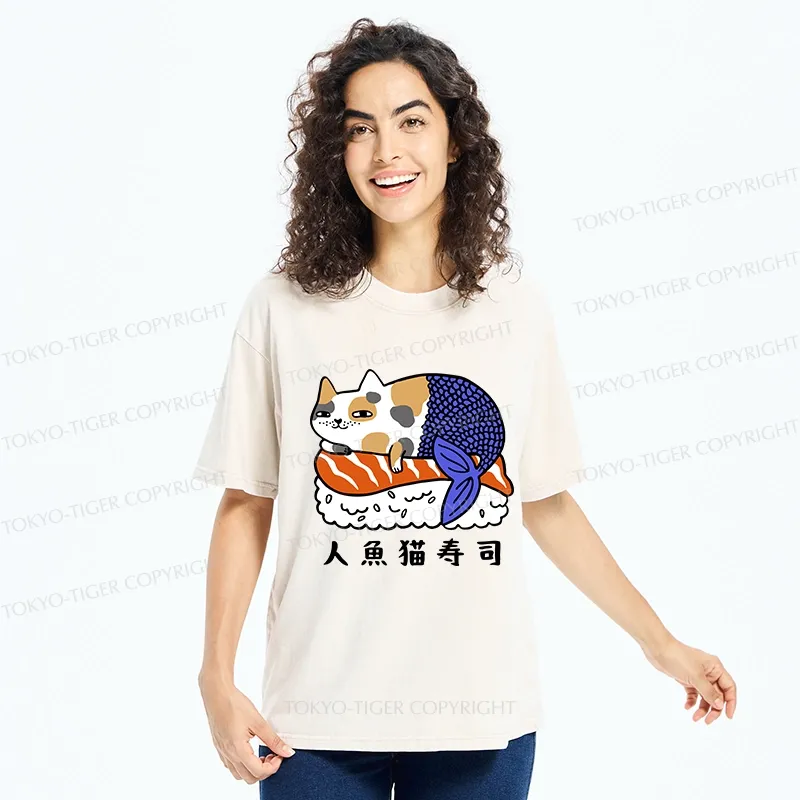 Tokyo-Tiger Mermaid Cat Sushi Washed T-Shirt