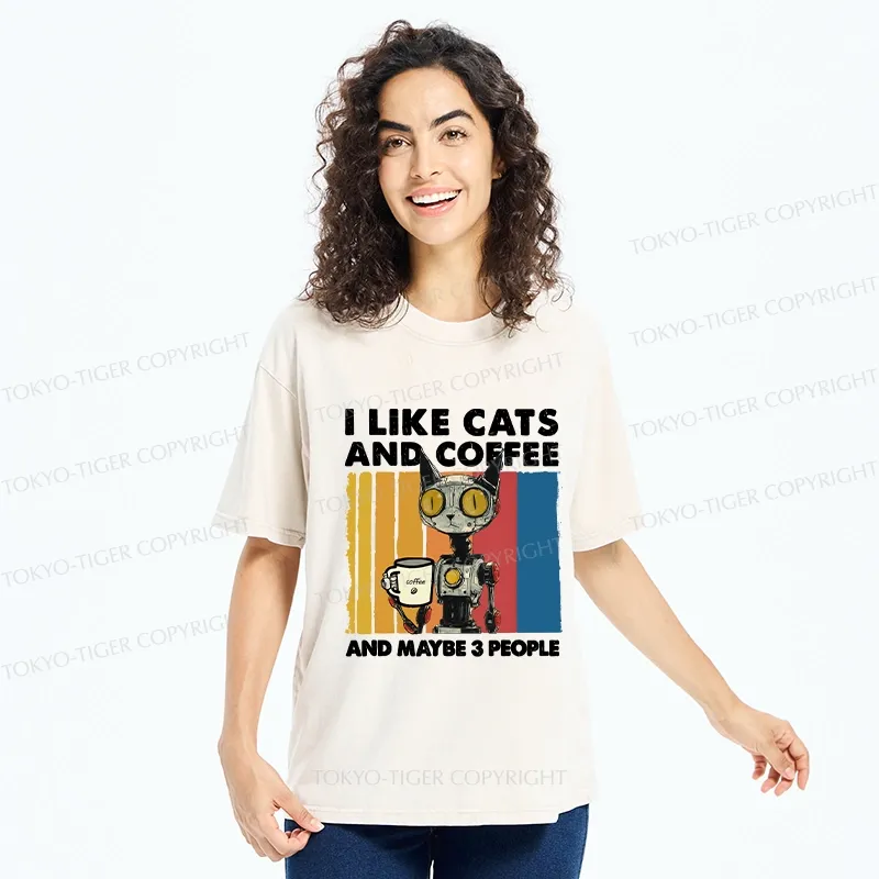 Tokyo-Tiger I Like Robot Cats And Coffee Washed T-Shirt