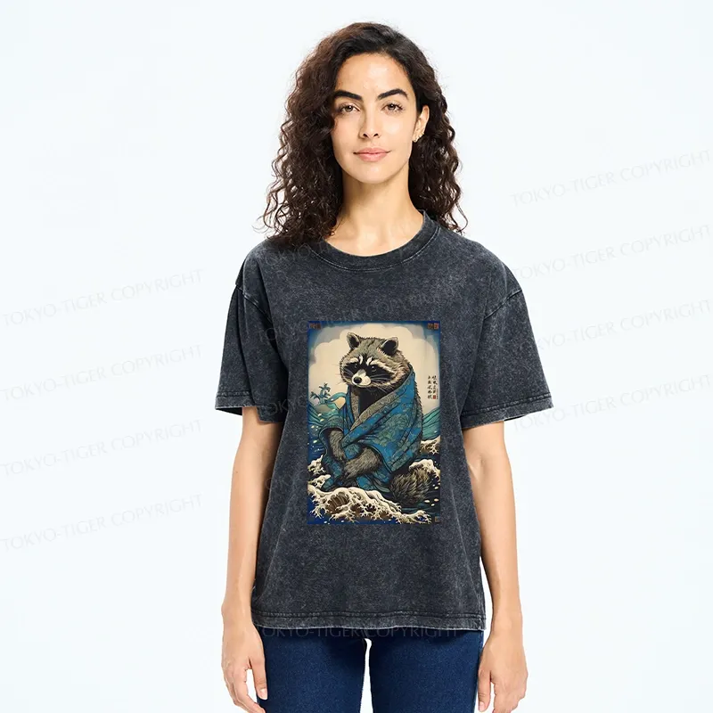 Tokyo-Tiger Raccoon And Waves Washed T-Shirt
