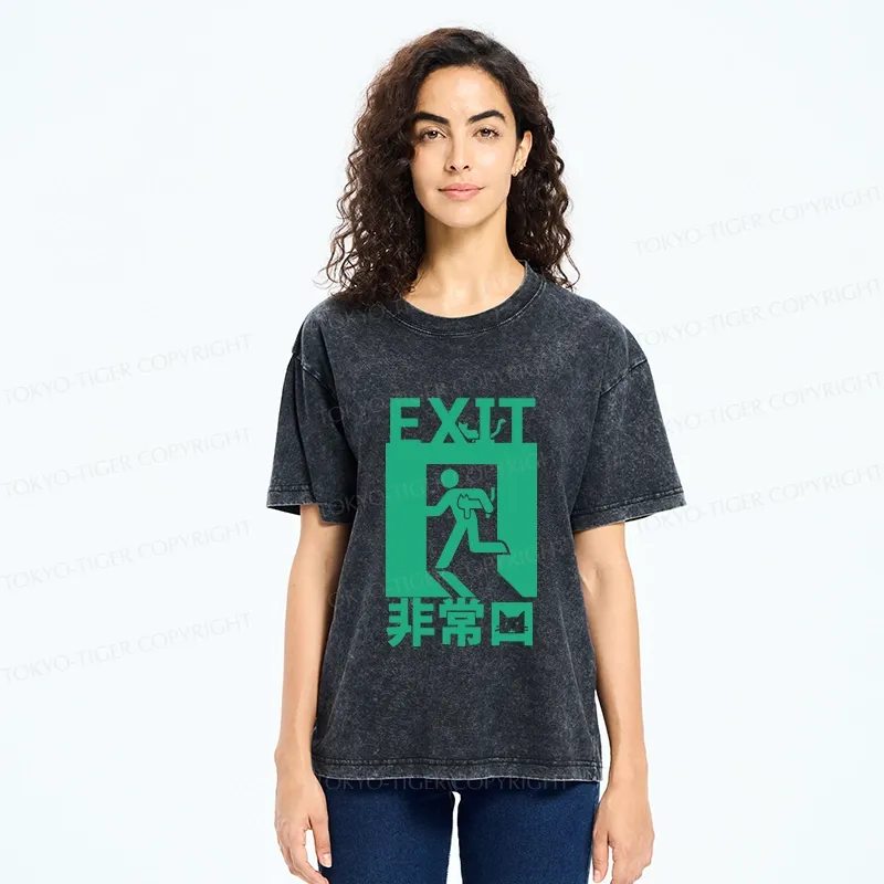 Tokyo-Tiger Funny Cat Exit Washed T-Shirt
