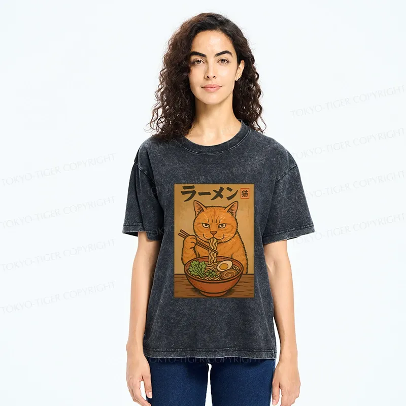 Tokyo-Tiger Ramen Obsessed Cute Cat Washed T-Shirt