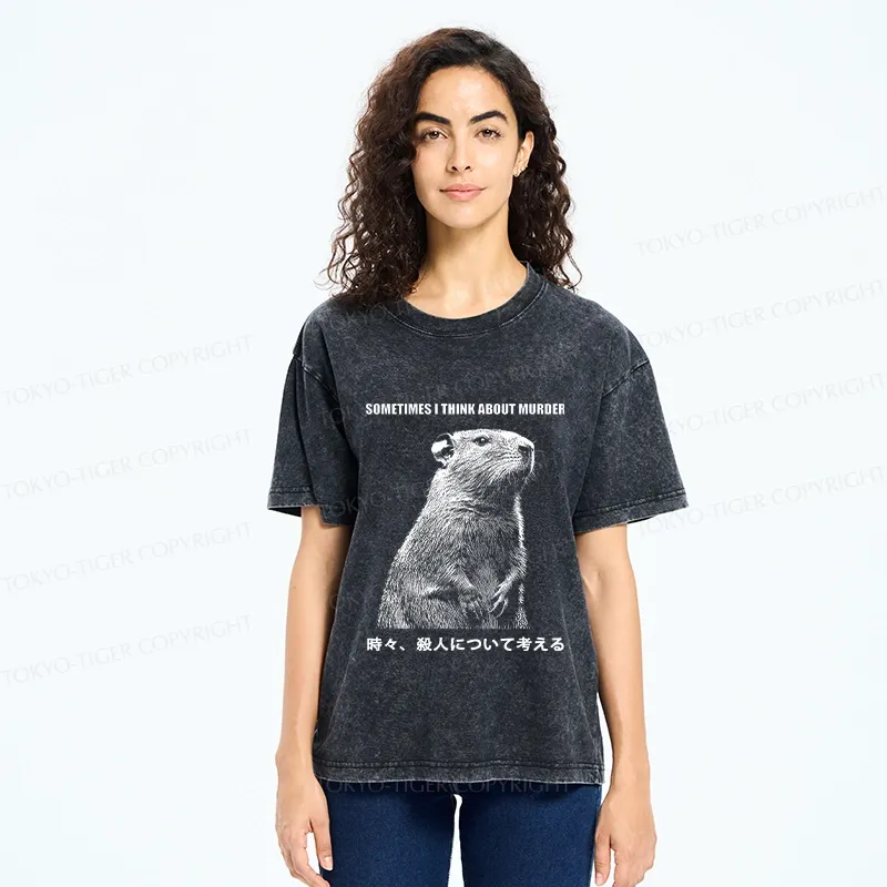 Tokyo-Tiger Funny Capybara Thinks Of Murder Washed T-Shirt