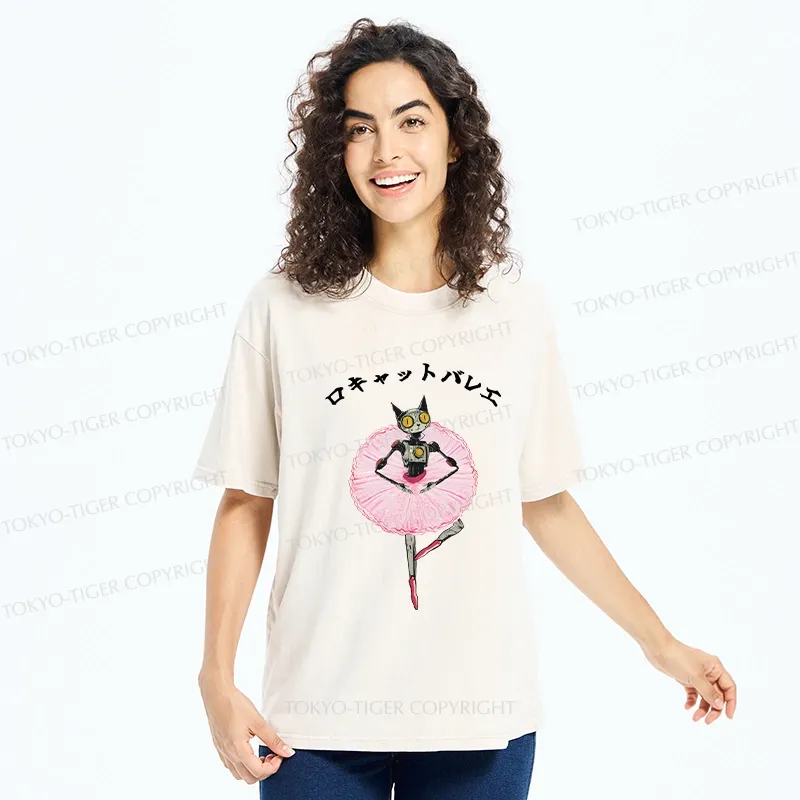Tokyo-Tiger Ballet Dancing Robot Cat Washed T-Shirt
