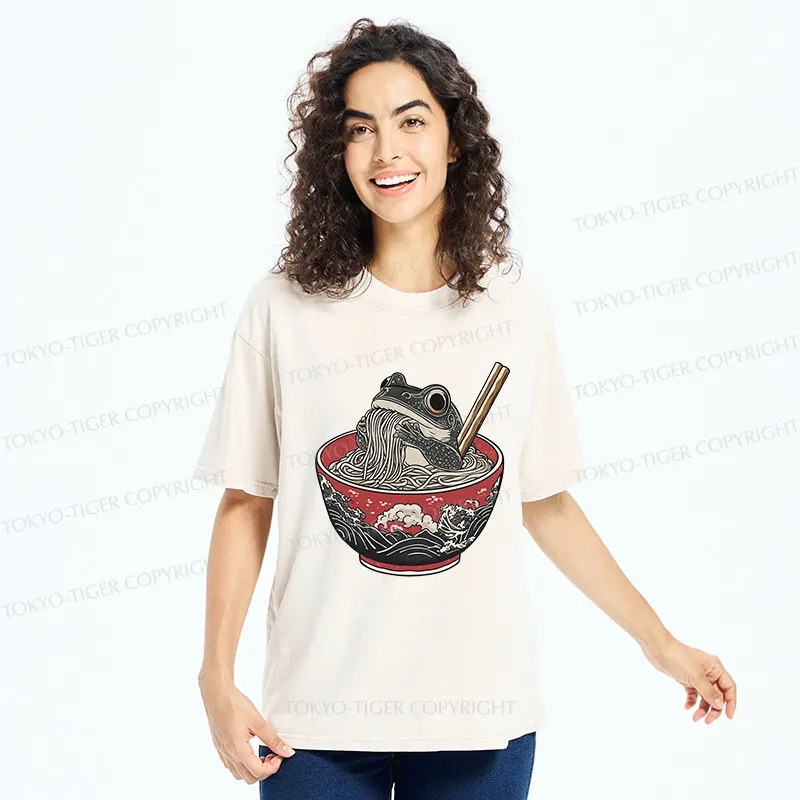Tokyo-Tiger Funny Frog Eating Ramen In A Bowl Washed T-Shirt