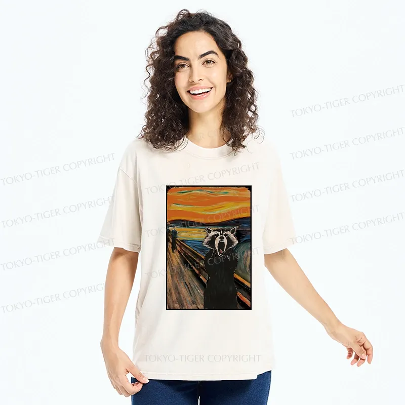 Tokyo-Tiger Funny Screaming Raccoon Washed T-Shirt