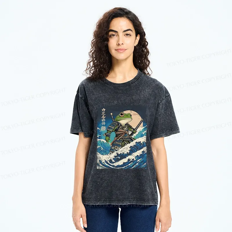 Tokyo-Tiger Frog Samurai In The Great Wave Washed T-Shirt