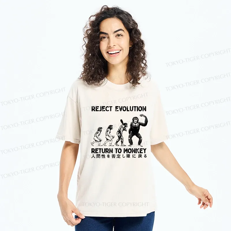 Tokyo-Tiger Reject Evolution Return To Monkey Funny Washed T-Shirt