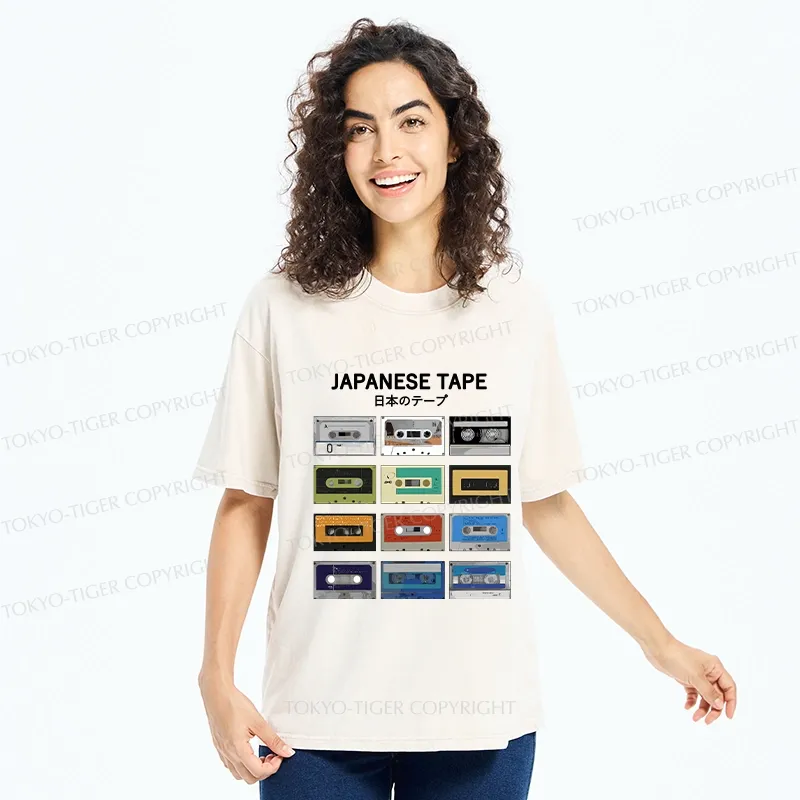 Tokyo-Tiger Retro Japanese Tapes Washed T-Shirt