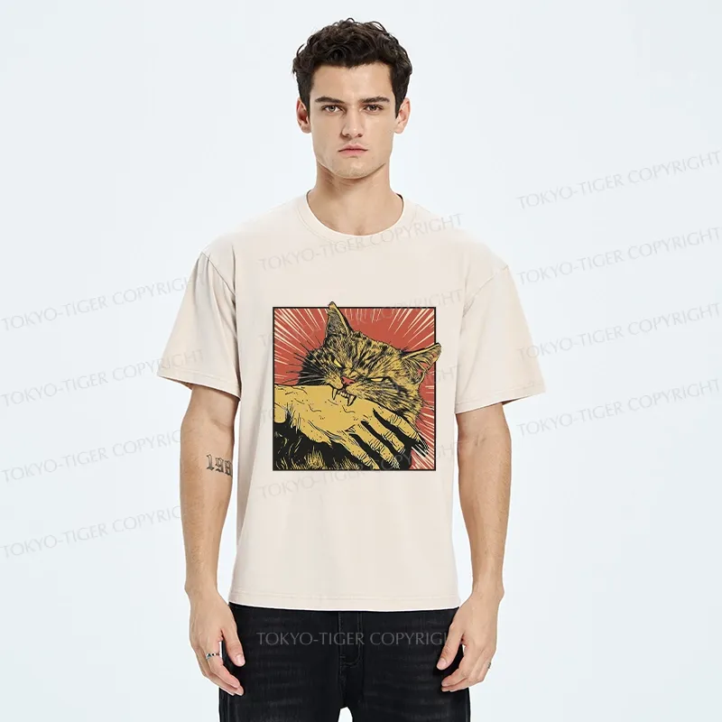 Tokyo-Tiger Cat Bites Hand Japanese Washed T-Shirt