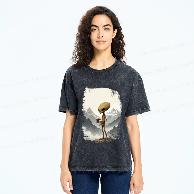 Tokyo-Tiger Alien With Beer Funny Washed T-Shirt