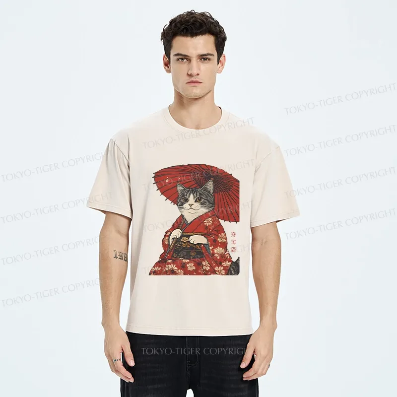 Tokyo-Tiger Japanese Cat Holding An Umbrella Washed T-Shirt