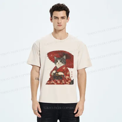 Tokyo-Tiger Japanese Cat Holding An Umbrella Washed T-Shirt