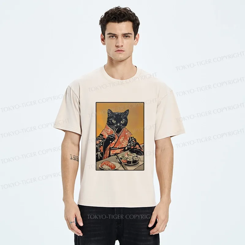 Tokyo-Tiger Sushi Lover Black Cat Washed T-Shirt
