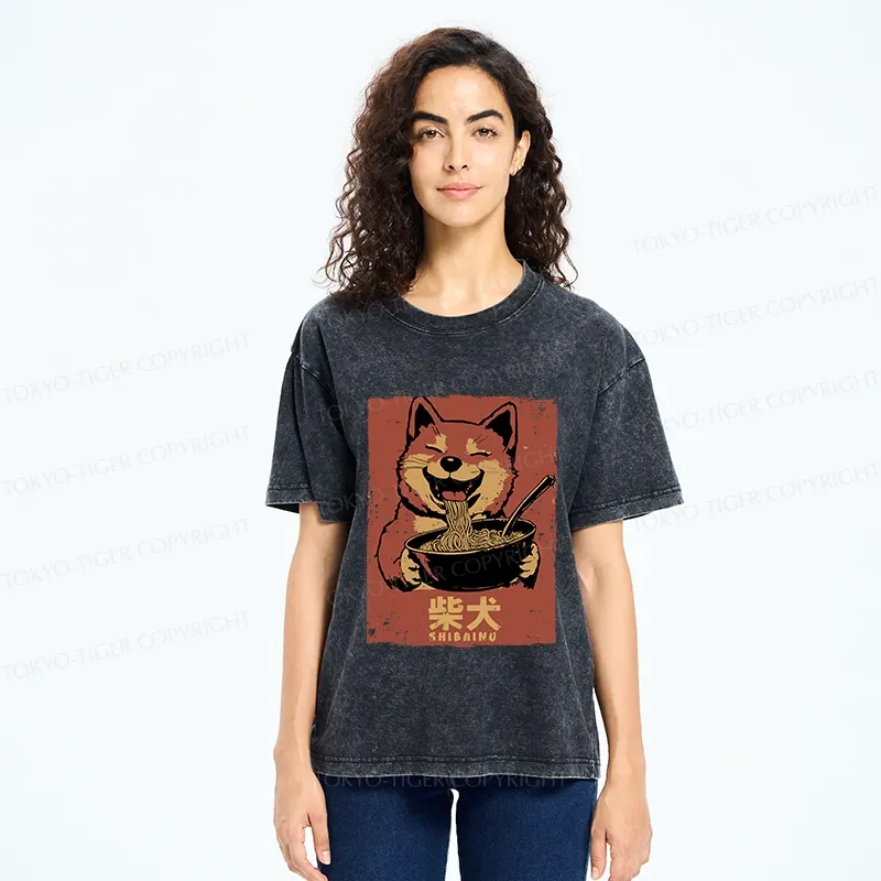 Tokyo-Tiger Ramen Lover Shiba Inu Washed T-Shirt