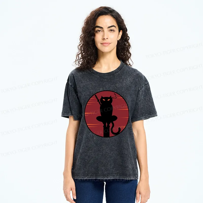 Tokyo-Tiger Japanese Ninja Black Cat Washed T-Shirt
