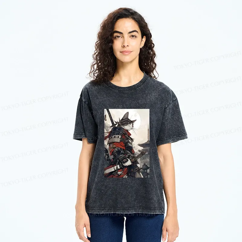 Tokyo-Tiger Majestic Samurai Cat Washed T-Shirt
