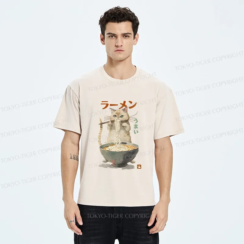 Tokyo-Tiger Cute Cat Eating Yummy Ramen Washed T-Shirt