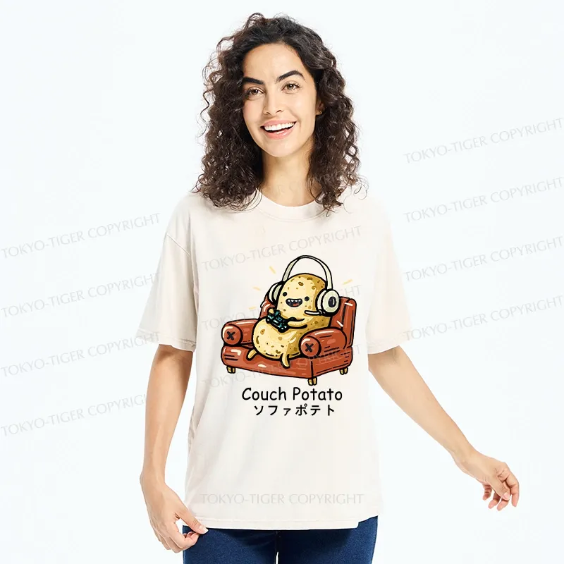 Tokyo-Tiger Funny Lazy Potato Washed T-Shirt