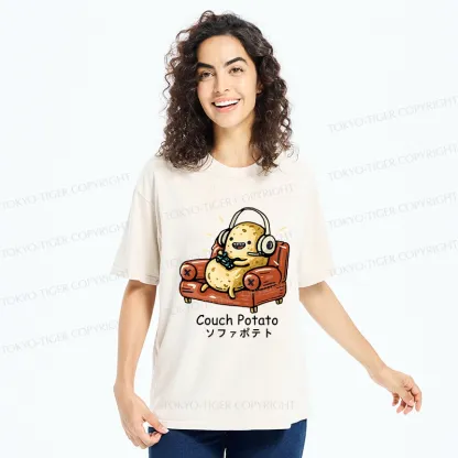 Tokyo-Tiger Funny Lazy Potato Washed T-Shirt