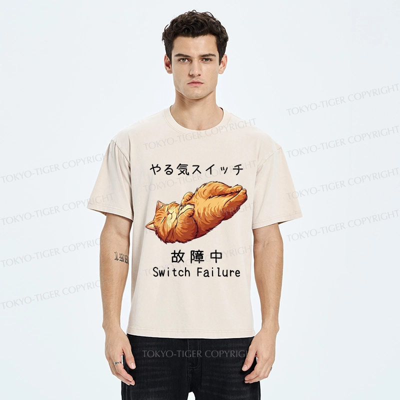 Tokyo-Tiger Funny Cat Switch Failure Washed T-Shirt