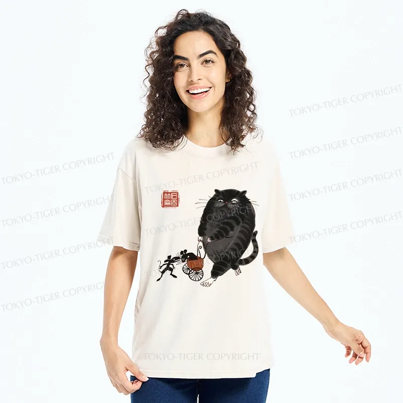 Tokyo-Tiger Funny Cat Pushing Mouse In Cart Washed T-Shirt