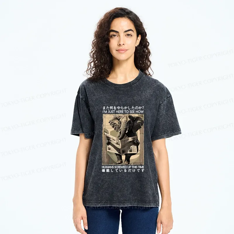 Tokyo-Tiger Funny Elephant Reading Newspaper Washed T-Shirt