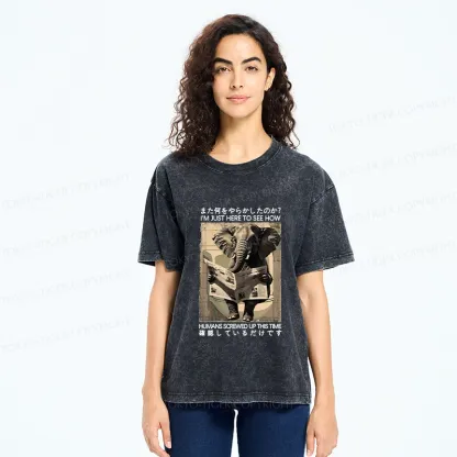 Tokyo-Tiger Funny Elephant Reading Newspaper Washed T-Shirt