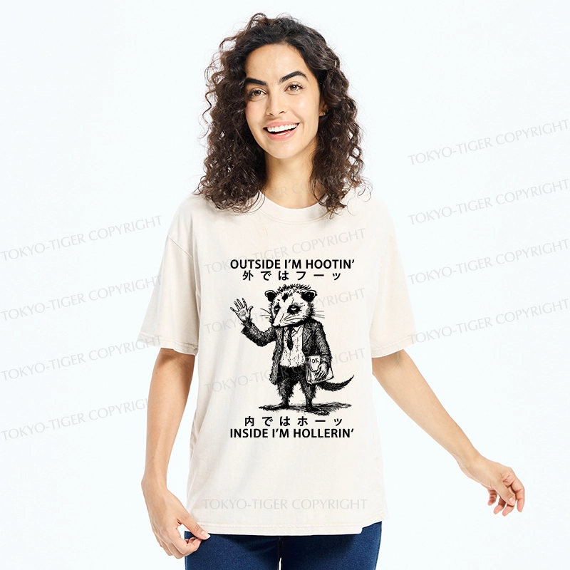 Tokyo-Tiger Funny Hootin' And Hollerin' Possum Washed T-Shirt