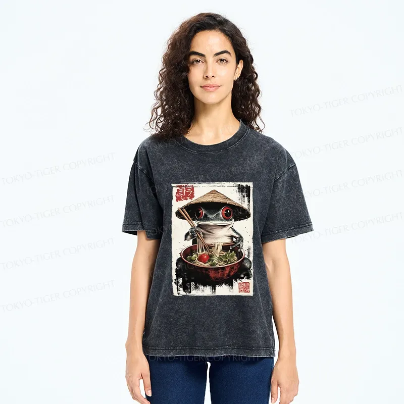 Tokyo-Tiger Retro Frog Eating Ramen Noodles Washed T-Shirt