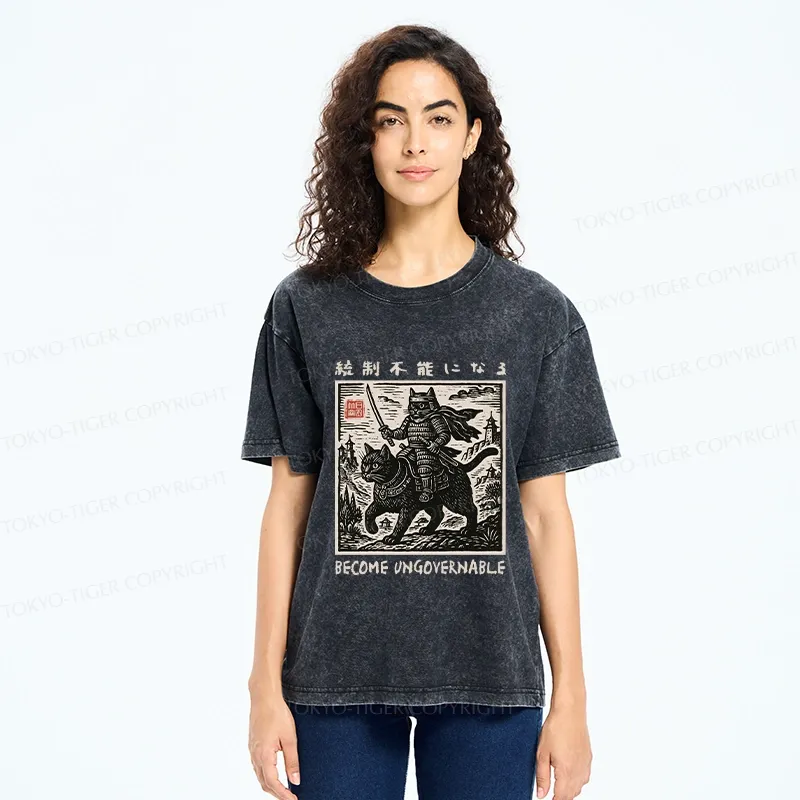 Tokyo-Tiger Funny Cat Samurai Riding A Cat Washed T-Shirt