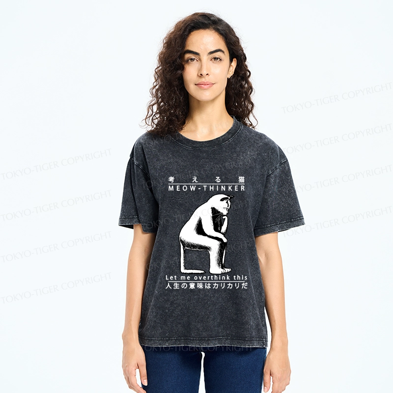Tokyo-Tiger Funny Cat Thinker Washed T-Shirt