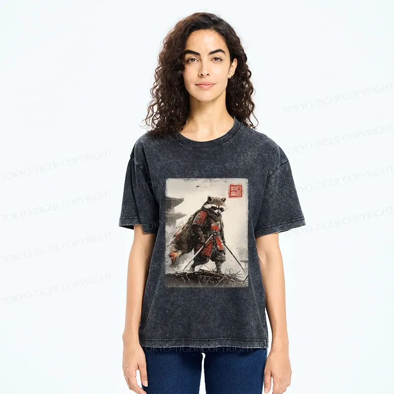 Tokyo-Tiger Retro Raccoon Samurai Washed T-Shirt