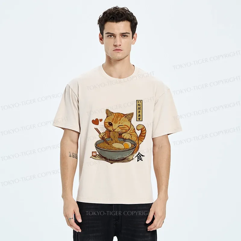 Tokyo-Tiger Cat Enjoying Eating Ramen Washed T-Shirt